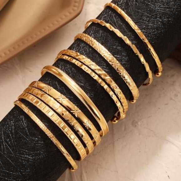 Gold Plated Stackable Bangle Bracelets Set Minimalist Boho Textured Adjustable - Picture 7 of 8